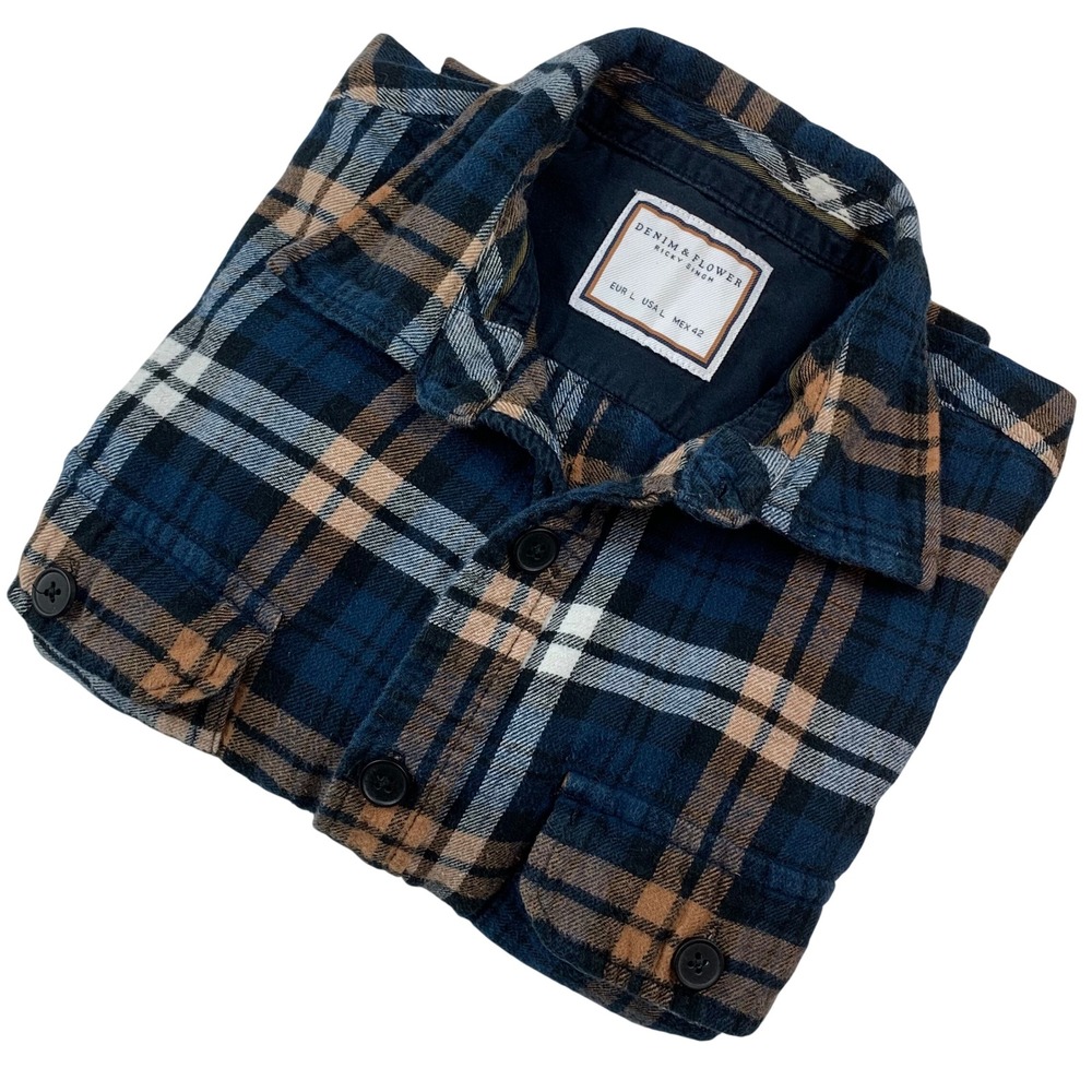 Denim & Flower Ricky Singh Mens Large Blue Tan Plaid Cotton Flannel Shirt L